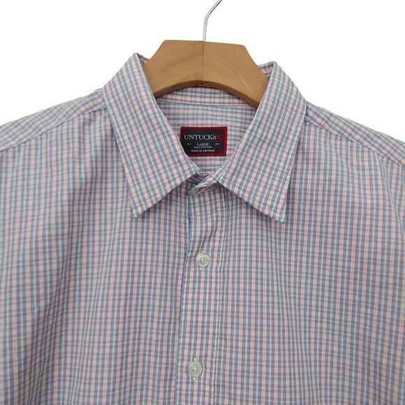 Untuckit Shirt Mens Large Blue Button Up Checks Long Sleeve 100% Cotton Casual - Picture 2 of 11
